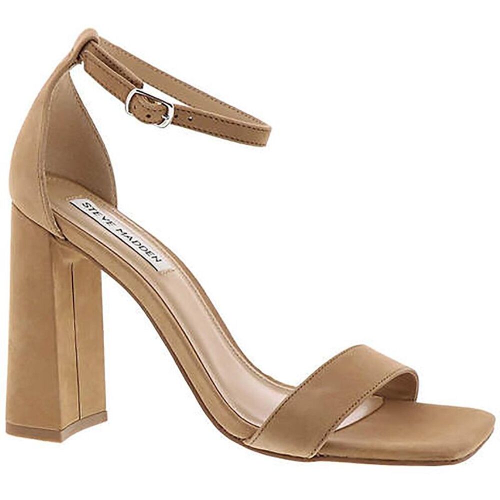 Steve Madden Womens Tiaa  Tan Nubuck Ankle Strap Block Heels Sandals